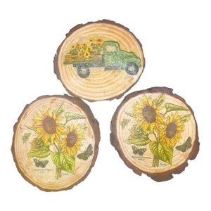 Wood Coasters Decoupaged Art with Yellow Sunflowers and Vintage Truck Napkins